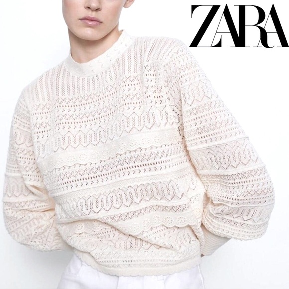 ZARA Bloggers’ Favorite Contrasting Lace Crochet Sweater – Oyster White Size M - Picture 1 of 16